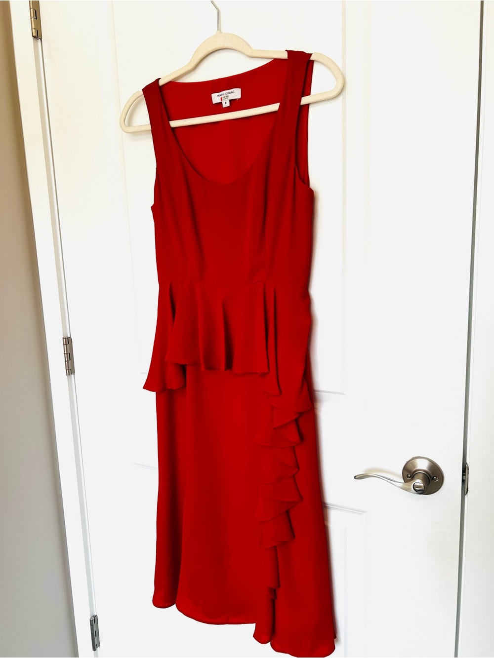 PRABAL GRUNG
 Red Sleeveless Peplum Ruffle Midi Dress - Elegant Event Wear